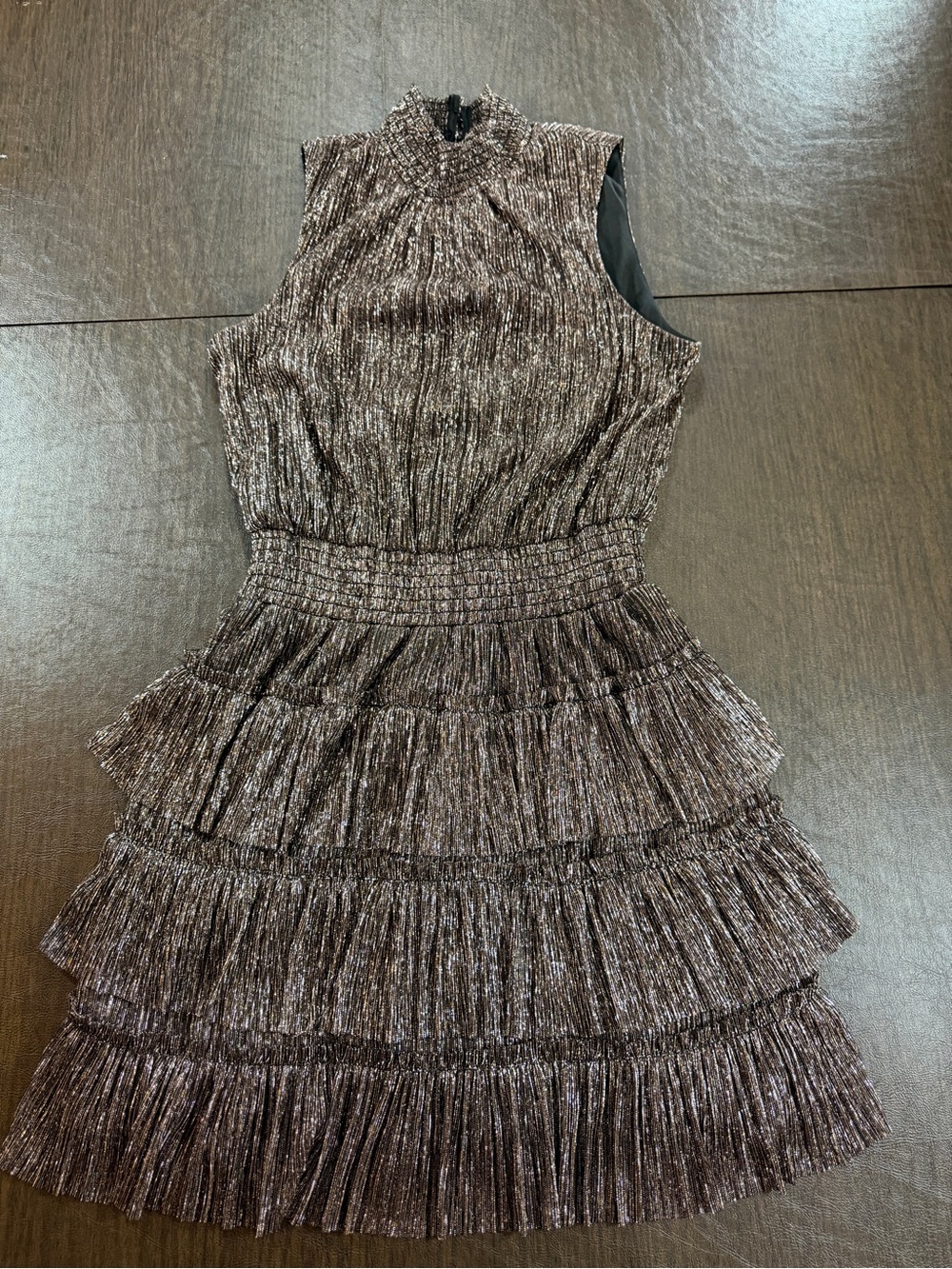 State Metallic Tiered Ruffle Mock Neck Blouson Dress - Bronze Brown Glitter Sz S
